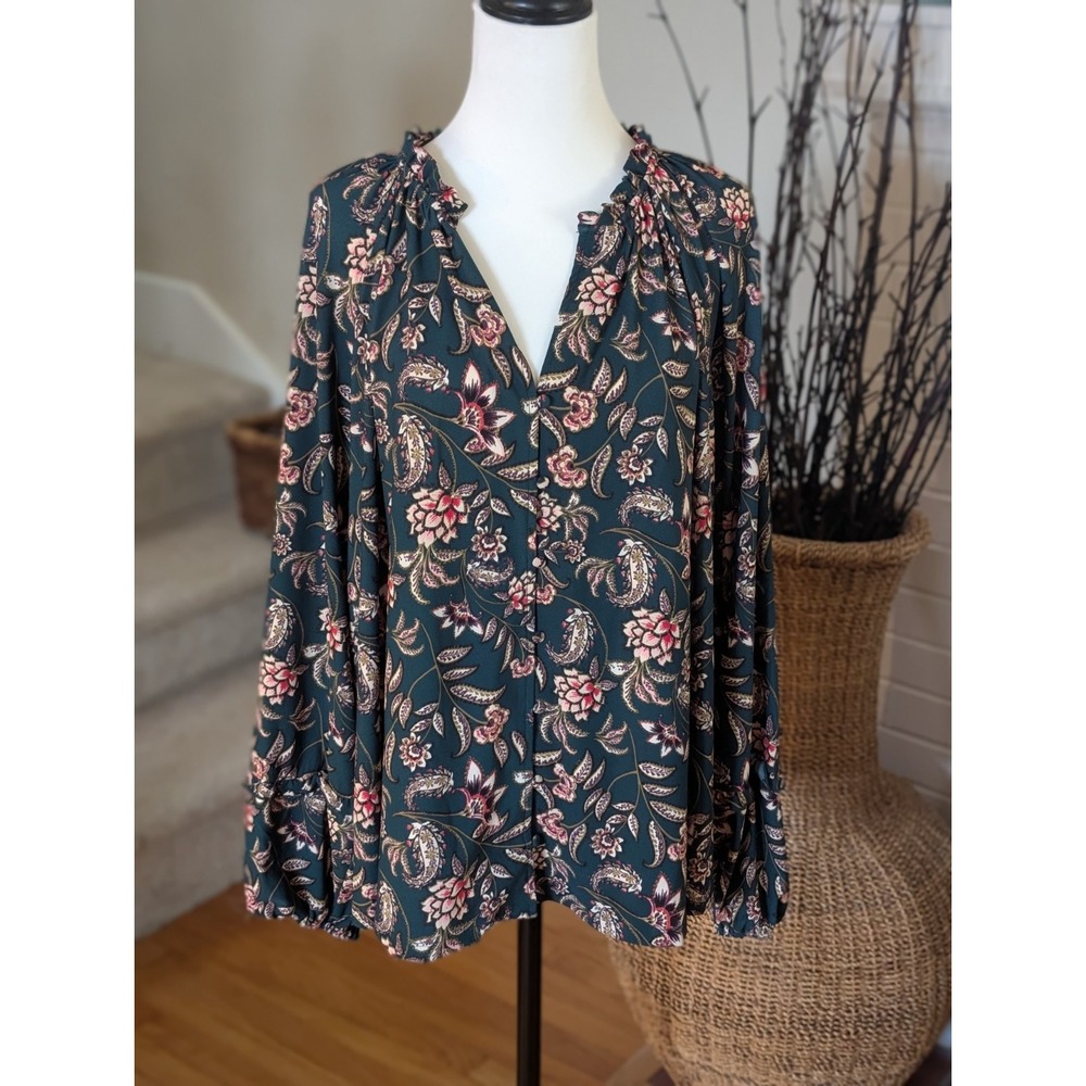 Wonderly Boho Paisley Peasant Blouse Green Floral Balloon Sleeve Plus Size 4X